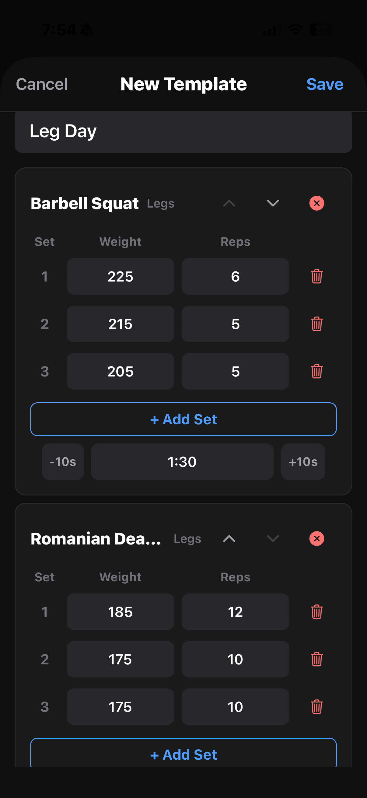 IronLift template editor with exercises, sets, weights, and reps