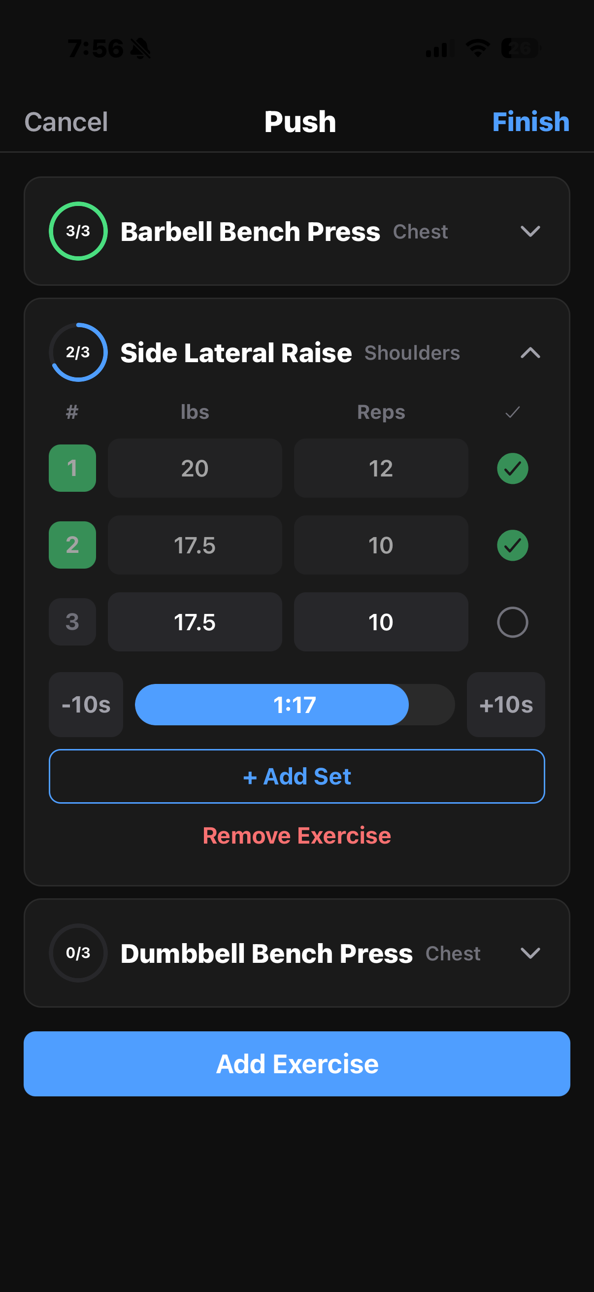 IronLift active workout screen logging sets with progress rings and rest timer